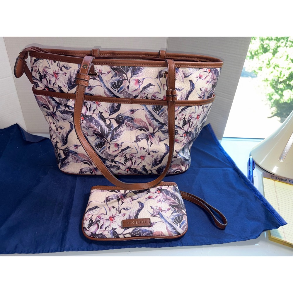 Rosetti Floral Tote Bag & Matching Wristlet Pouch Set Faux Leather Bag
